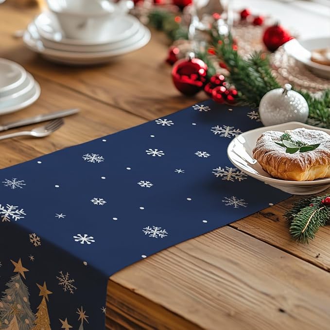 GEEORY Christmas Table Runner 13x60 Inch, Xmas Trees Snowflakes Holiday Decorative Farmhouse Table Decoration for Kitchen Dinning, Indoor Outdoor Dinner Party Decor (Blue) GT151-60