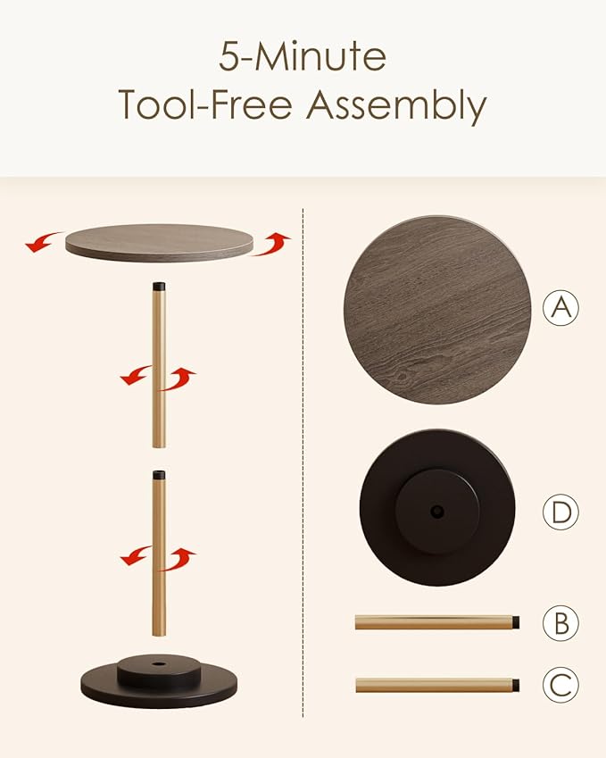 Masupu Drink Table, Round Side Table for Small Spaces, Pedestal Side Table, Small End Table with Metal Base, for Living Room, Bedroom, Bathroom, Grey