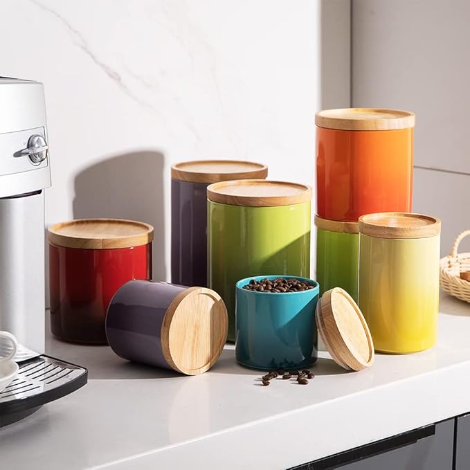 Sweejar Ceramic Food Storage Jar, Stackable Kitchen Canisters, Containers with Airtight Seal Wooden Lid for Serving Ground Coffee, Tea, Sugar, Salt and More - 16 Fl Oz (Gradient Green)