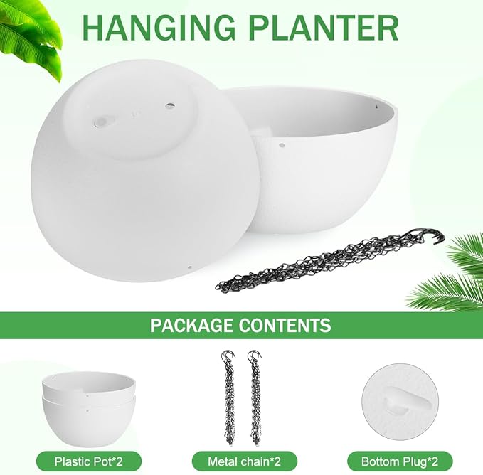 12 inch Hanging Planters for Indoor Plants, 2 Pack Planters for Outdoor Plants with Drainage Holes and Chain, Round Plastic Hanging Baskets, Hanging Flower Pots for Balcony Garden Decor-White