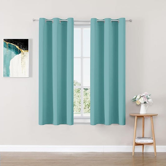ChrisDowa Small Window Curtains 50 inches Long for Bedroom - Grommet Short Thermal Insulated Room Darkening Curtains for Kitchen (2 Panels, Aqua, 29 x 50 Inch)