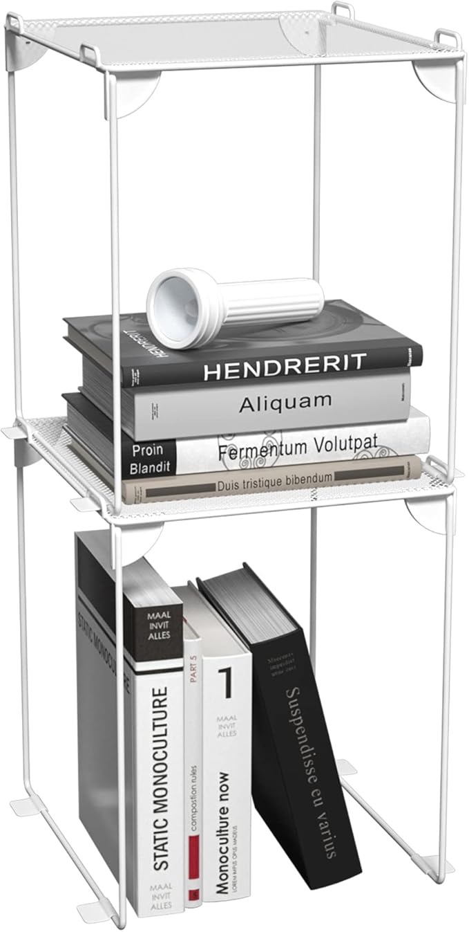 Neudeco Pack 2, Mesh Locker Shelf, Stackable Extra Tall Locker Organizer, Collapsible and Metal Mesh Build, Fits Standard Size, Suitable for School, Work, Kitchen, Bathroom (White)