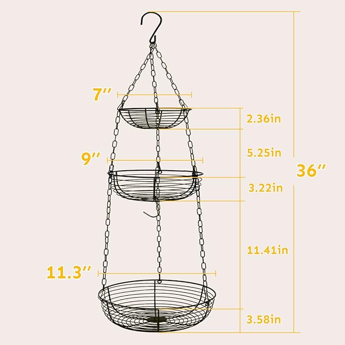 HULISEN 3 Tier Hanging Fruit Basket with Banana Hook, Heavy Duty Wire Hanging Baskets for Kitchen Storage, 36 Inch Hanging Vegetable Produce Basket Organizer (Including Installation Bracket)