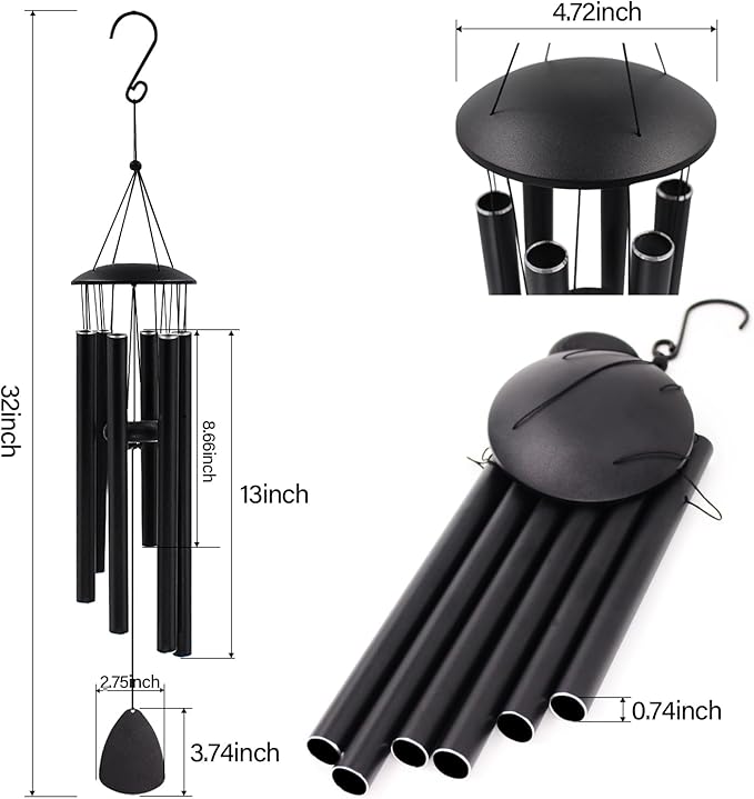 Wind Chimes for Outside, Large Aluminum Wind Chimes – Deep Tones & Soothing Melodies Ideal for Garden, Patio Decor, and Windchimes Outdoors for Loss of Loved One (32'' Black)