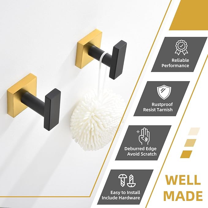 Angle Simple Bathroom Towel Hook 2 Pack, SUS 304 Stainless Steel Bath Robe Coat Holder Wall Mounted, Black & Gold
