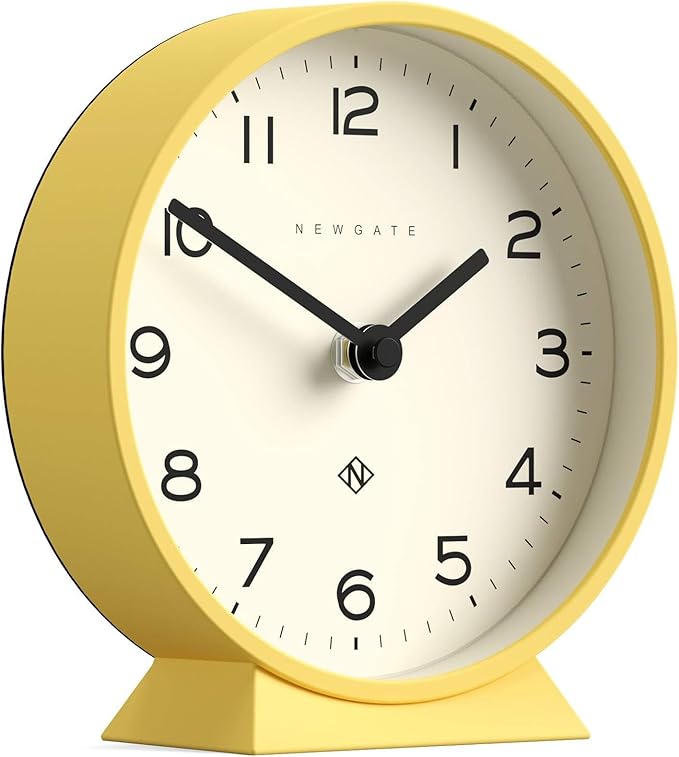 NEWGATE® M Mantel Echo Desk Clock | Modern Round Design | Yellow | Easy to Read Numbers | Contemporary Style for Desk, Table, Shelf or Bedside