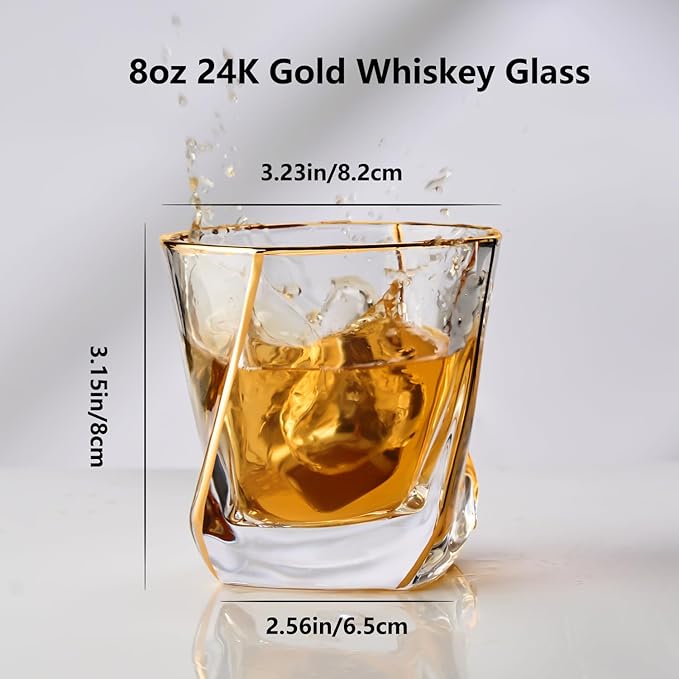 Crystal Whiskey Glasses Set of 2 with 24K Gold Rim,Bar Glasses,Twisted Whiskey Glass Gold Collection for Bourbon,Scotch and Wine,Rock Barware for Men Gift - 8oz