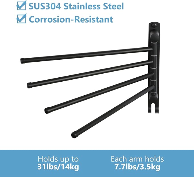 Black Towel Rack JSVER Swivel Towel Rack Wall Mounted, SUS304 Stainless Steel Towel Bar, 4 Arms Space Saving Towel Holder, Towel Racks for Bathroom