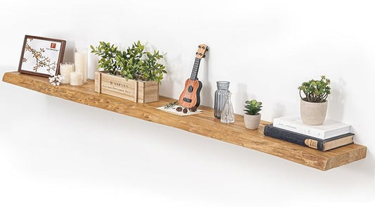 Floating Shelves for Wall, 72"x9.3" Rustic Solid Live-Edge Elm Wood Wall Shelves, Heavy-Duty Floating Shelves with Invisible Brackets for Living Room, Bedroom, and Kitchen, Natural Finish