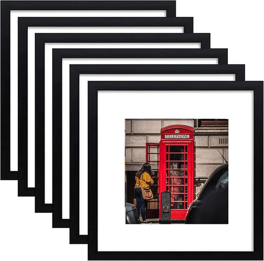 12x12 Picture Frame Set of 6, Display Pictures 8x8 with Mat or 12x12 Without Mat for Wall Mounting,Black