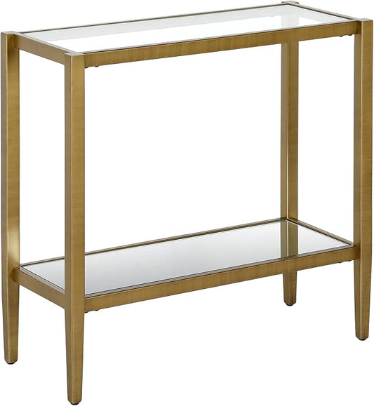 Henn&Hart 24" Wide Rectangular Side Table with Glass Shelf in Antique Brass, Table for Living Room, Bedroom