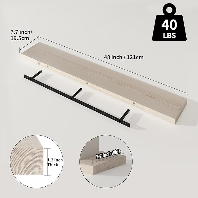 SAUMONIERES Floating Shelves 8 Inch Deep Solid Wood Wide Wall Shelf Set of 1 Wall Mounted for Bedroom Bathroom Living Room Kitchen, 48 Inch Natural