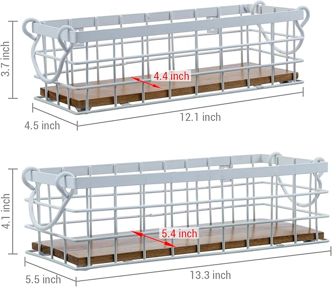 MyGift 13 and 12 Inch Nesting Storage Baskets with Handles, Wall Mounted or Tabletop White Metal Wire and Premium Acacia Wood Decorative Shelf Organizer Bins, 2 Piece Set