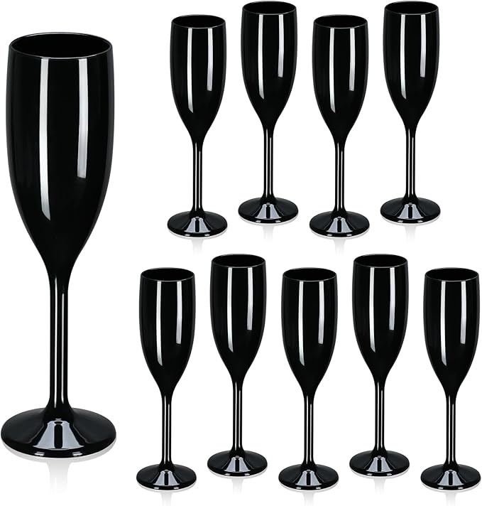 XUWAIDSGN Acrylic Champagne Flutes Toasting Glasses Unbreakable Mimosa Bar Reusable Wine Glasses Vintage Champagne Flutes Stemmed Drinking Cups 5.4 OZ for Christmas Birthday (10, Black)