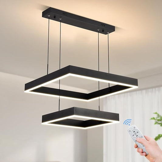 Modern Led Rectangle Chandelier for Dining Room, Dimmable Black Modern Chandelier with Remote, Adjustable Foyer Lighting Fixture
