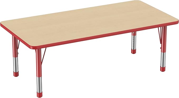 Factory Direct Partners FDP Rectangle Activity School and Classroom Kids Table (30 x 60 inch), Toddler Legs, Adjustable Height 15-24 inches - Maple Top and Red Edge