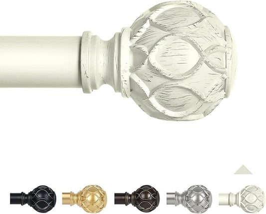 White Farmhouse Curtain Rods for Windows:36-88" Heavy Duty Adjustable Curtain Rod for Bedroom Living Room,Boho Decorative Rustic Drapery Rods with Vintage Coastal Texture Finials,Antique White
