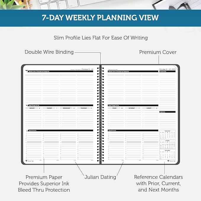 Planner Pad Spiral Bound 3-Tier Funnel Down 12 Month Organizer, October 2025 – September 2026, Black Cover/Black Ink, 8 1/2" x 11"