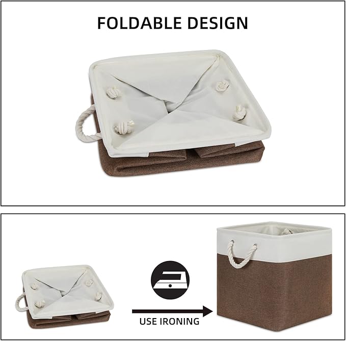 Bidtakay Collapsible Rustic Cube Storage - Brown Cloth Baskets with Handles, 13x13x13 Inch, Set of 3 Fabric Storage Bins