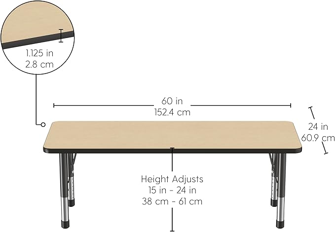 FDP Rectangle Activity School and Classroom Kids Table (24 x 60 inch), Chunky Toddler Legs, Adjustable Height 15-24 inches - Maple Top and Black Edge