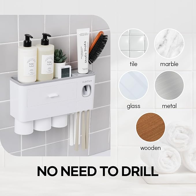 HubiCare Toothbrush Holder with Toothpaste Dispenser Wall Mounted for Bathroom, Automatic Toothpaste Squeezer, Bathroom Organization and Storage, 5 Toothbrush Slots (3 Cups)