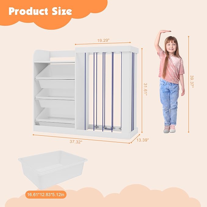 Kids Toy Storage Organizer with 3 Removable Plastic Bins Toddler Montessori Bookshelf with Stuffed Animal Net Holder Baby Bookcase Plush Organizer for Playroom,Bedroom,Kids Room,Classroom,Nursery