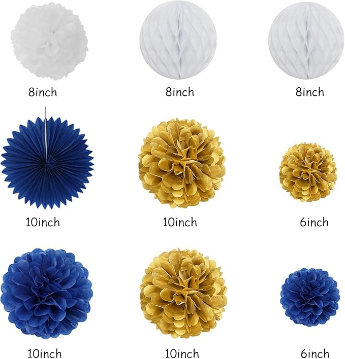 Navy-Blue Gold Birthday Party-Decorations Paper-Flowers - 14pcs Happy Banner Royal Lanterns Tissue Pom Poms,Men Streamers Garland Fans Honeycomb,Teen Boys Male Kids Hanging Supplies Decor Hugfond