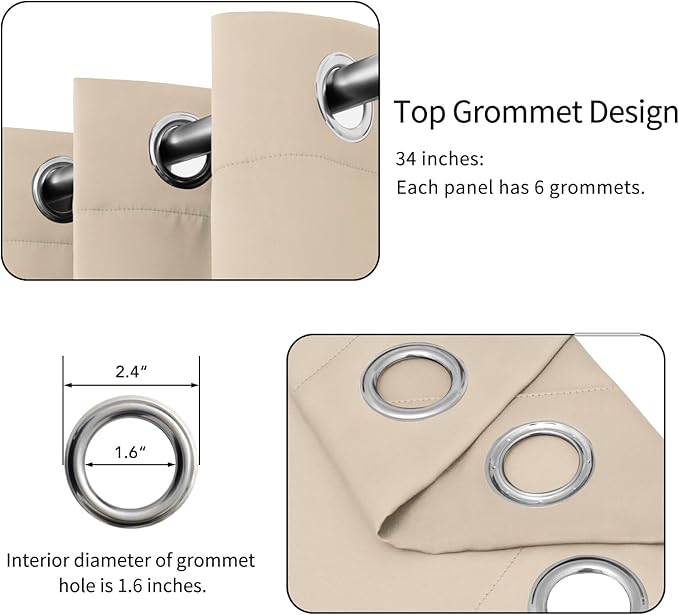 Easy-Going Blackout Curtains for Bedroom, Solid Thermal Insulated Grommet and Noise Reduction Window Drapes, Room Darkening Curtains for Living Room, 2 Panels (34x72 in, Beige)