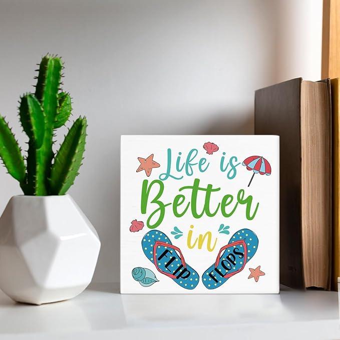 Summer Decor Beach Decorations Flip Flop Wooden Sign Rustic Home Decor 5 x 5 Inches