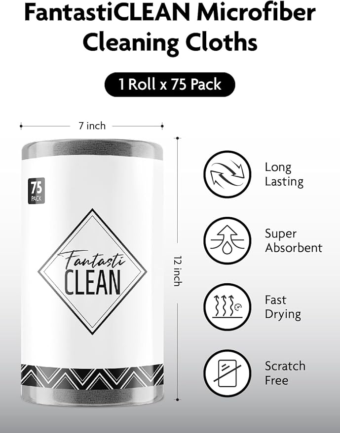 Fantasticlean Microfiber Cleaning Cloth Roll -75 Pack, Tear Away Microfiber Towels, 12" x 12", Reusable, Washable, Scratch Free, Ultra Absorbent Dish Rags for Car, Home, Garage or Shop (DimGray)