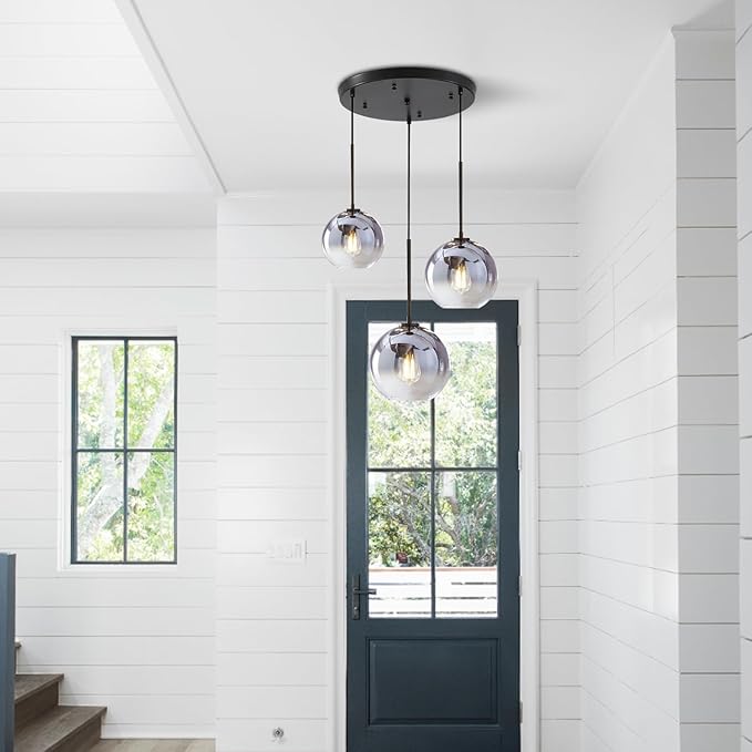 KCO Lighting Modern 3-Light Hanging Light Fixture Silver Gradient Glass Globe Pendant Ceiling Lighting with Adjustable Cord Mid Century Hanging Chandelier Light Fixture for Kitchen Island Bedroom…