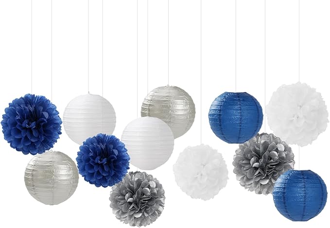 Navy-Blue Silver Party-Decorations Paper-Flowers Lanterns - 15PCS Birthday Royal White Wedding Tissue Pom Poms Streamers,Baby Bridal Shower Bachelorette Graduation Hanging Supplies Decor Hugfond