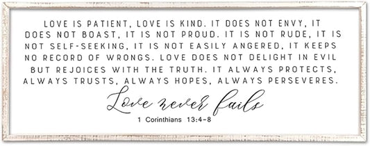 Love is Patient Kind Sign Wall Art 40"X15" 1 Corinthians 13 Bible Verse for Bedroom Above Over Bed Christianity Large Wood Framed Wall Hanging Decor (White）