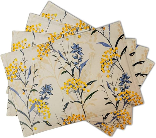 Floral Placemats Set of 4 Vintage Floral Summer Flowers Yellow Placemats for Kitchen Table Linen Placemats Washable Non-Slip Heat Resistant Place Mats for Party Kitchen Dining Decorations 18x12 Inch