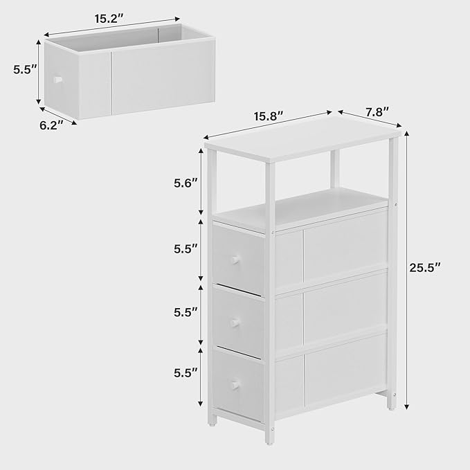 TUTOTAK Narrow Night Stand, Slim End Table, Tall Side Table with 3 Fabric Drawer, Small Bedside Table with Storage, Set of 2, for Living Room, Bedroom, White TB01BW072