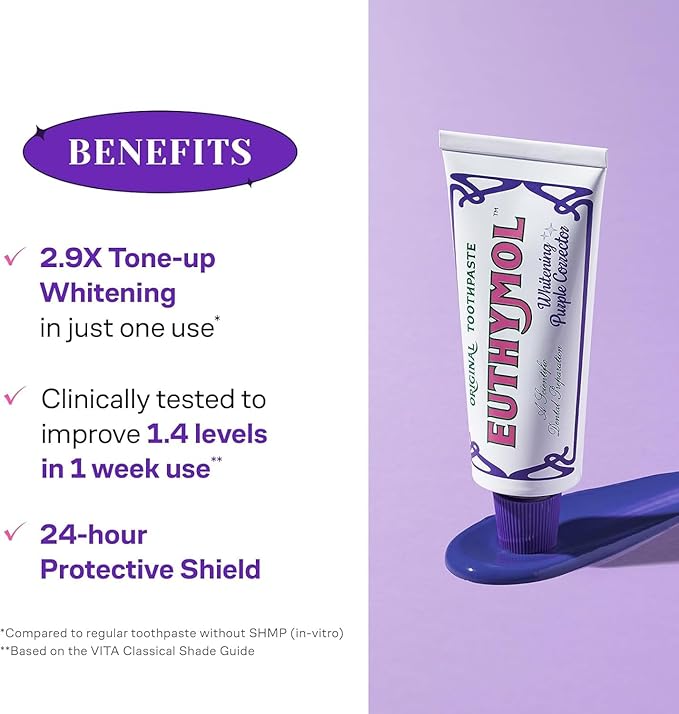 Euthymol Purple Whitening Toothpaste – for Yellow & Sensitive Teeth | Violet Tone-Up Formula, Instantly Brightens, 24H Stain Defense, Long-Lasting Fresh Breath (Pack of 2)