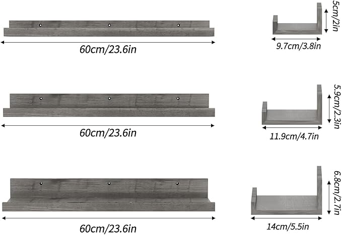Giftgarden 24 Inch Grey Floating Shelves for Wall Mount, Gray Wood Wall Shelf Ledge for Bathroom Bedroom Living Room Kitchen Storage, Set of 3 Different Sizes
