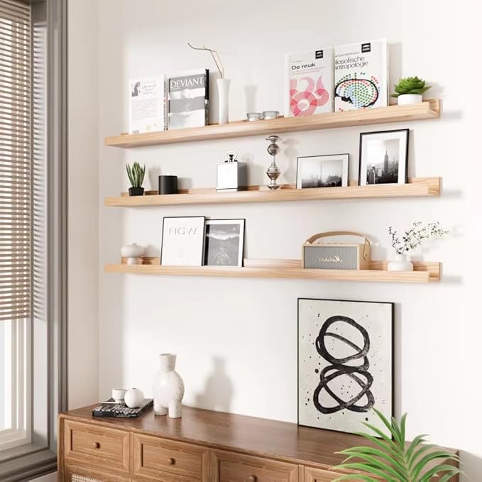 AZSKY 36 Inch Picture Ledge Shelf Solid Wood Large Floating Shelves Wall Mounted Rustic Natural Shelves for Home, Living Room, Bedroom, Bathroom, Office 3 Same Sizes