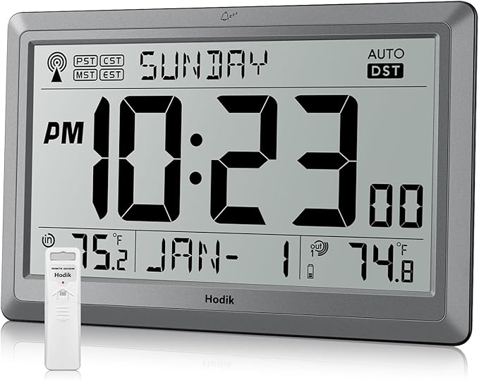 Wall Clock Atomic with Indoor Outdoor Temperature Battery Powered, Easy Reading with 10.5 Inch Large LCD Display, 330FT Range Table Wall Clock With DST, 12/24 Hour for Living Room Kitchen (Silver)