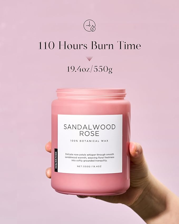 M&SENSE Sandalwood Rose Scented Candle 19.4oz 110 Hours Long Lasting Burn Natural Soy Wax Strong Scented Candle for Home, 2 Wick Home Fragrance Slow Burning Housewarming Gifts for Men Women