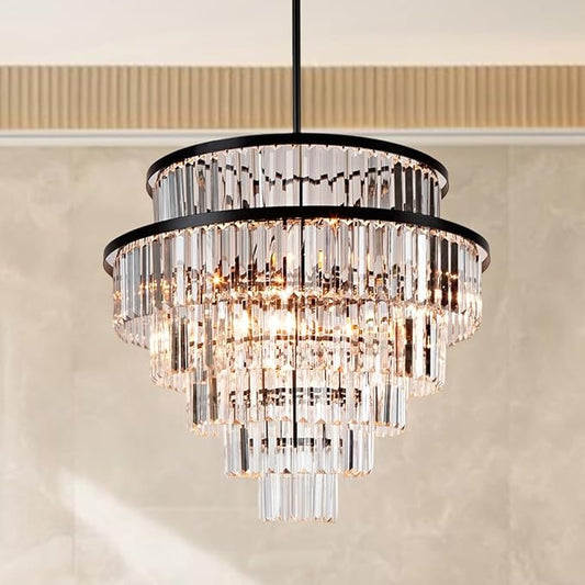 Luxury 6-Tier Round K9 Crystal Chandelier, Black Finish 26 Inch Diam Ceiling Light, Classic Elegant Chandelier with Crystal Piece, Lighting Fixture for Hallway, Bedroom, Living Room