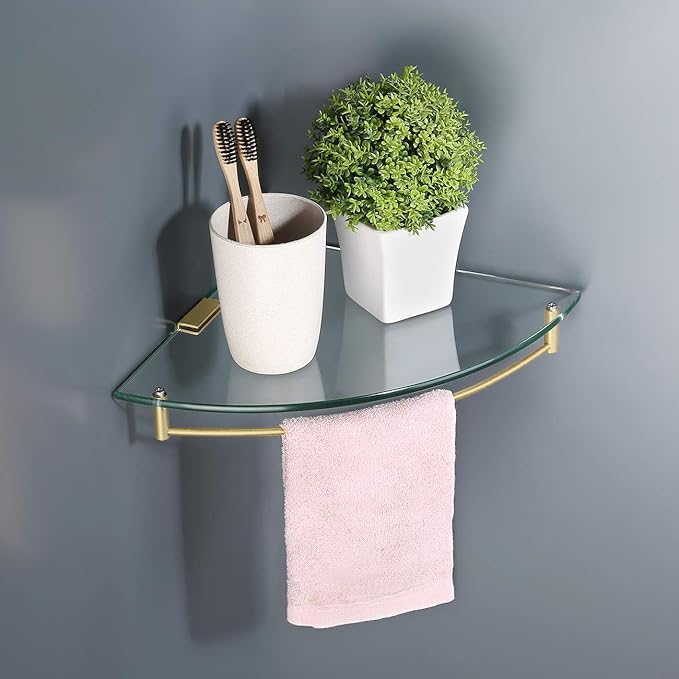 KES Glass Corner Shelf Bathroom Shelf Tempered Glass with Rail SUS 304 Stainless Steel Floating Wall Mount Bracket Brushed Gold, BGS2101A-BZ