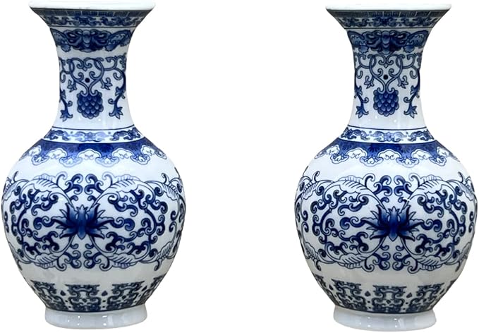Set of Two Blue and White Porcelain Wall Vases for Flowers – Handmade Chinoiserie Ceramic Wall Mounted Flower Vase, Decorative Hanging Vases for Living Room, Bookshelf & Indoor Décor
