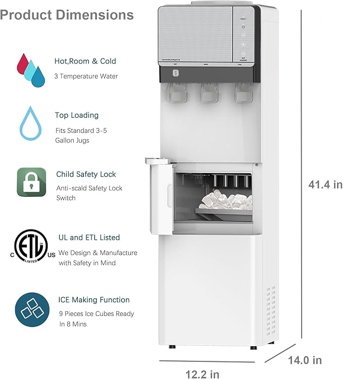 IKT 3 in 1 Water Cooler Dispenser with Ice Maker for 5 Gallon Bottle 27 lbs in 24 hrs 3 Temperature Night Light Perfect for Home Office White
