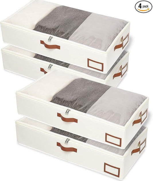 Yawinhe Under Bed Storage Containers, 4 Pack, Bin with Lids, Collapsible Closet Organizers, with Sorting Card Slot and 4 Leather Handles, for Blanket, Bedding, 31.5''Lx15.7''Wx6''H, Beige