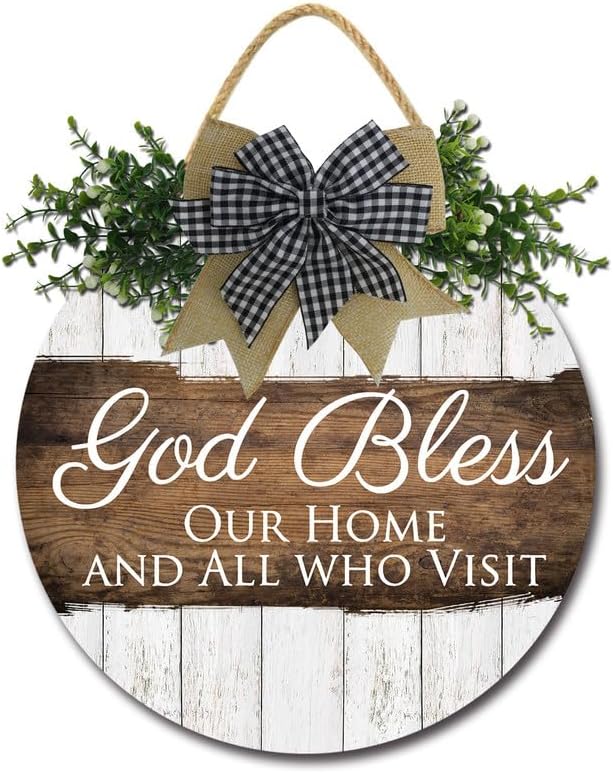 FemiaD God Bless This Home and All Who Enter Sign for Front Door Funny Wreaths Hanging Wooden Plaque Decoration Round Rustic Wood Farmhouse Porch Decor for Home Front Door Decor 11inch