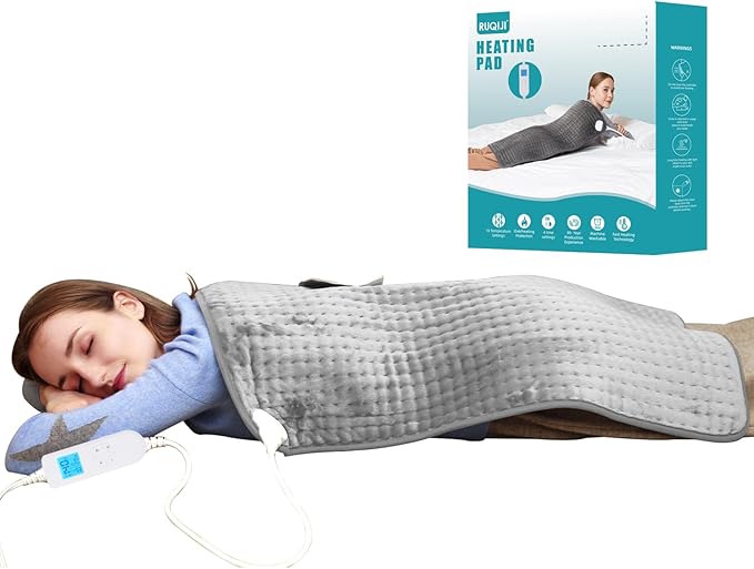 Ruqiji 17''x33'' XXXL King Size Heating Pad with Fast-Heating Technology&10 Temperature Settings, Flannel Electric Heating Pad/Pain Relief for Back/Neck/Shoulders/Menstrual Pain/Leg Cramp (Light Grey)