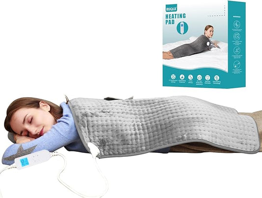 Ruqiji 17''x33'' XXXL King Size Heating Pad with Fast-Heating Technology&10 Temperature Settings, Flannel Electric Heating Pad/Pain Relief for Back/Neck/Shoulders/Menstrual Pain/Leg Cramp (Light Grey)