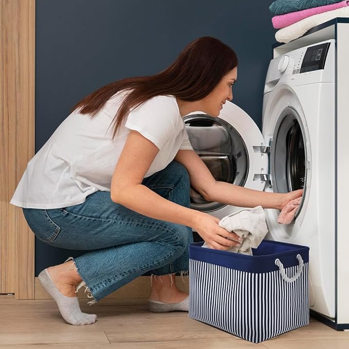 TcaFmac Organization and Storage Basket for Shelves - Large 2 Pack 16x12x12 inch Fabric Storage Cubes, Collapsible Storage Bins for Gift Closet Cloth Toy Books Kids (Navy Patchwork)