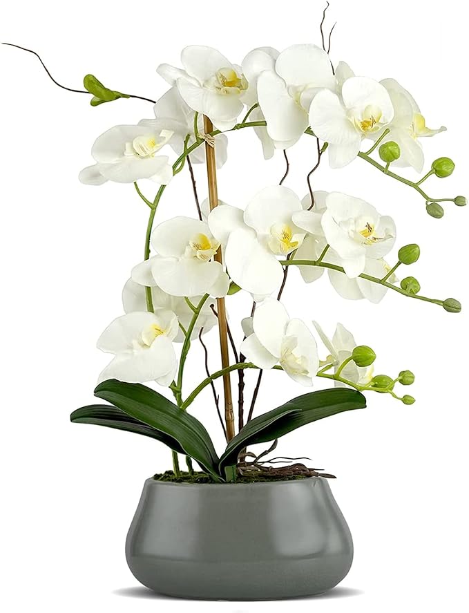White Orchid Artificial Flowers with Gray Vase Large Silk Faux Phalaenopsis Flowers for Dining Room Table Floral Centerpieces Indoor Decoration
